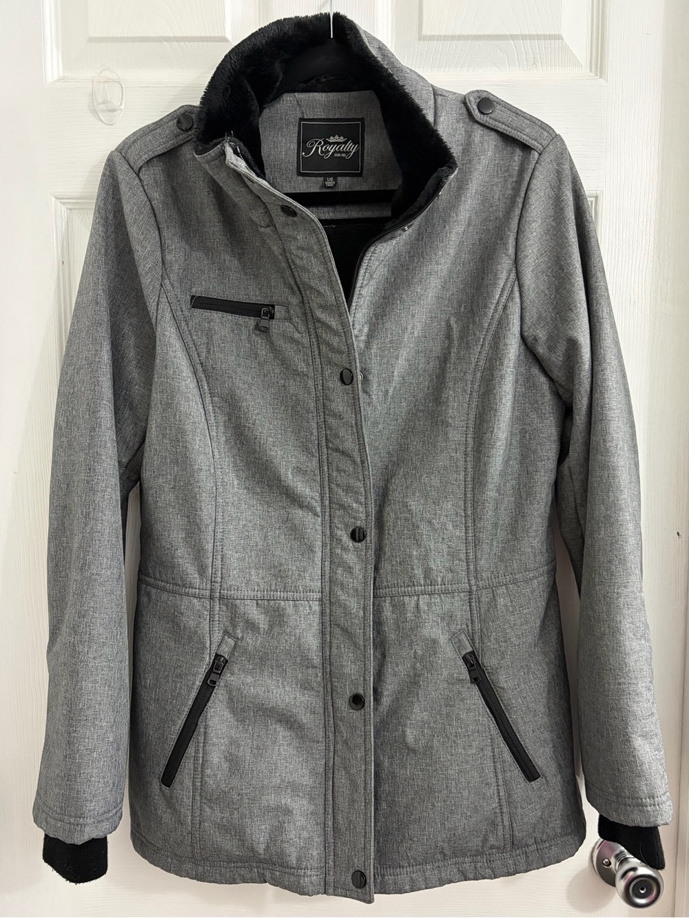 Royalty For Me Gray Women's Trench Coat with Faux-Fur Collar. Size large